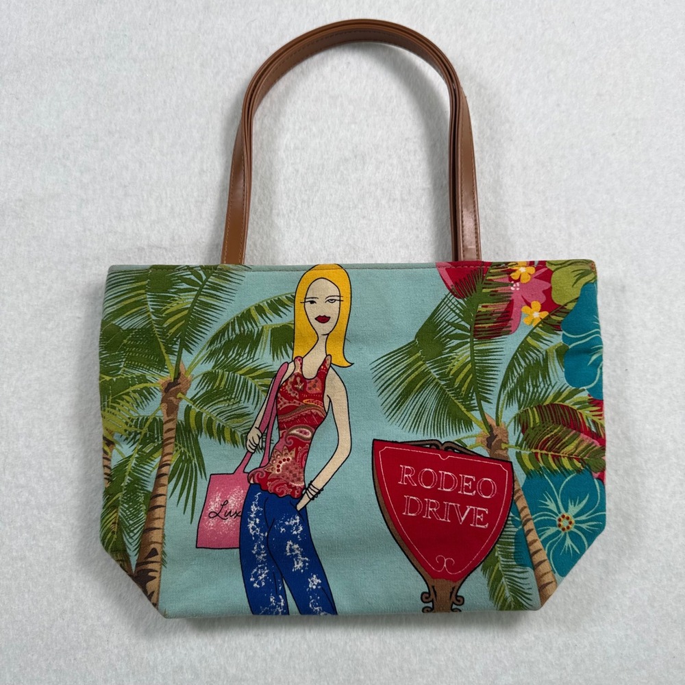 Rodeo Drive Tropical Canvas Tote Bag Sequin Palm Tree Blue Pink Small Handbag